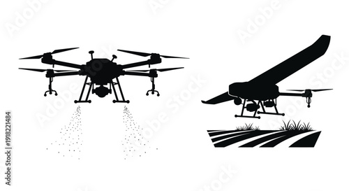 Agricultural drones spraying crops and a fixed wing drone in flight