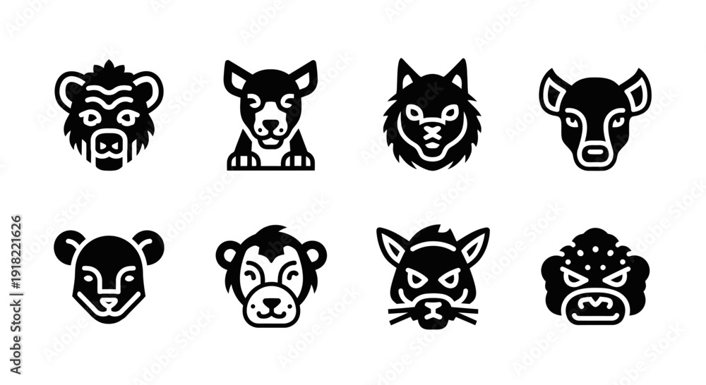 Fototapeta premium Collection of Diverse Animal Head Icons Representing Various Mammals and Carnivores in a Stylized Graphic Format