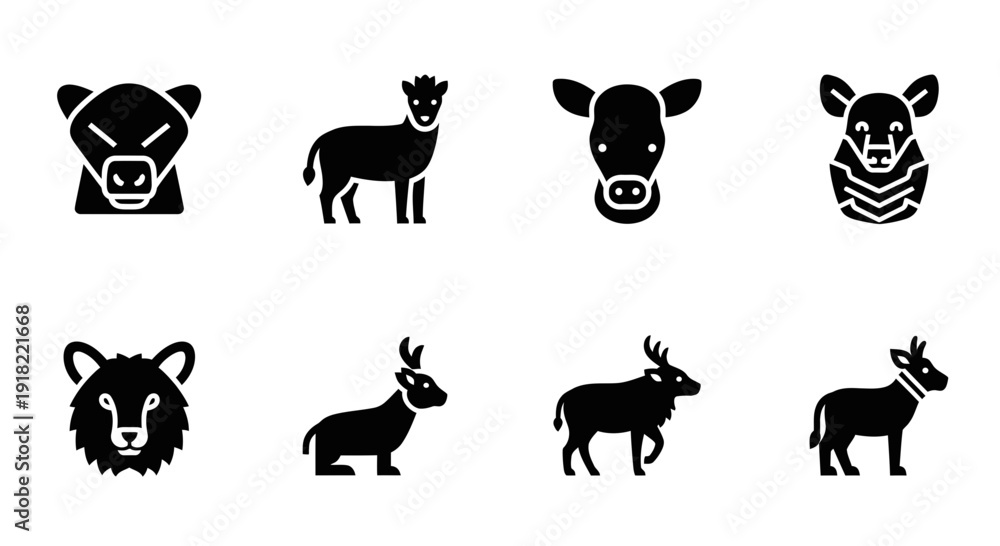 Fototapeta premium Collection of simplified vector icons representing various farm animals and wild animals, presented in a clean, modern style