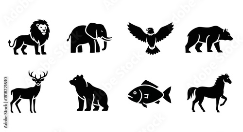 Collection of various animal silhouette icons including a lion, elephant, eagle, deer, bear, fish, and horse
