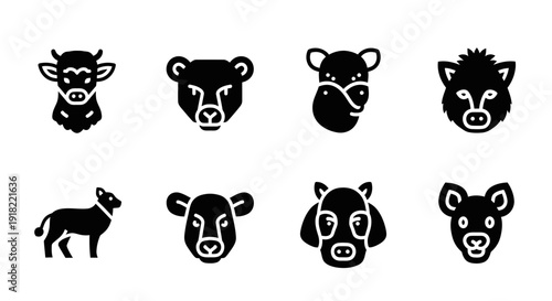 Collection of farm and wild animal icons, representing different species