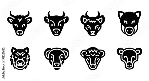 Diverse collection of black vector animal head icons, featuring various creatures, perfect for symbolic representation and abstract wildlife concepts in graphic design