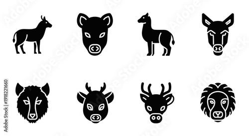 Collection of diverse animal silhouette icons, featuring various wildlife and domesticated mammal symbols in a minimalist vector style, perfect for web, app, or graphic design projects