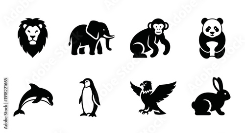 Collection of stylized black and white animal icons including a lion, elephant, monkey, panda, dolphin, penguin, eagle, and rabbit