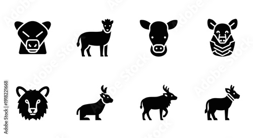 Collection of simplified vector icons representing various farm animals and wild animals, presented in a clean, modern style