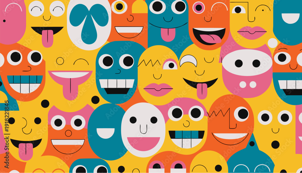 Fototapeta premium A colorful vector graphic illustration of various cartoon faces with different expressions on a yellow background