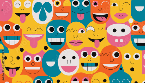 A colorful vector graphic illustration of various cartoon faces with different expressions on a yellow background