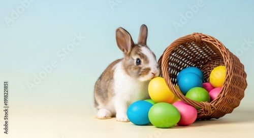 Small spotted rabbit sits next to a wicker basket overflowing with brightly colored Easter eggs against a soft pastel background.