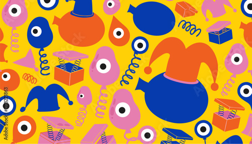 A vibrant and playful vector graphic illustration of whimsical objects on a bright yellow background