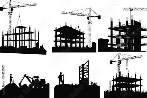 Construction site silhouettes with tower cranes, multi-story building frames, heavy machinery excavators, engineering workers, urban development projects, and industrial architectural structure vector