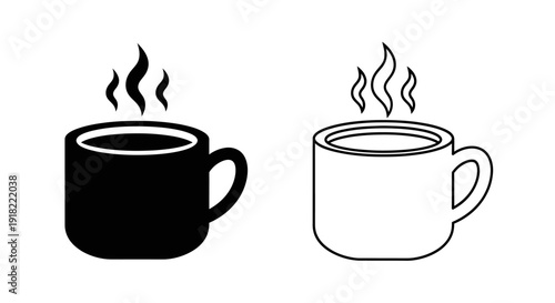 Two cups of coffee, one black and one white, with steam rising from each cup Vector