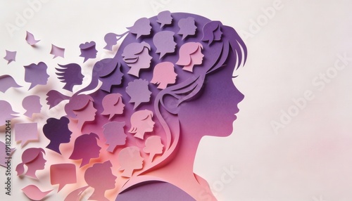 Paper cut art of a womans profile filled with diverse silhouettes. International Womens Day concept of unity and empowerment