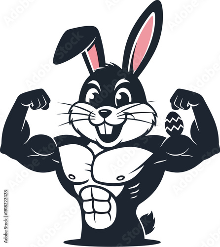 Muscular cartoon rabbit flexing strong arms with easter egg