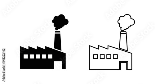 Two factories emitting smoke, one in black and white, the other in white outline. Vector