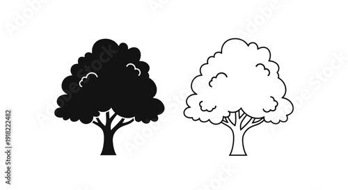 Two trees, one black and one white, standing side by side against a white background. Vector