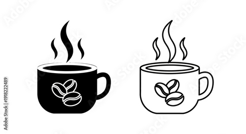 Two coffee cups with steam and coffee beans icon design vector illustration Vector