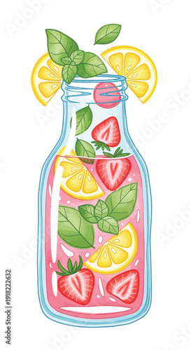 Strawberry lemon and mint infused water in glass bottle illustration