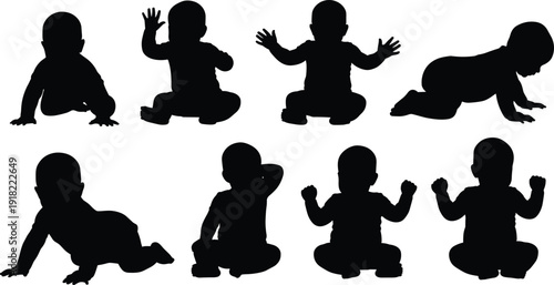 Black silhouettes of babies in various poses baby white background 1
