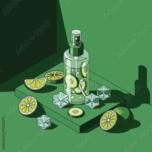 Lime and cucumber infused spray bottle with ice cubes on green background