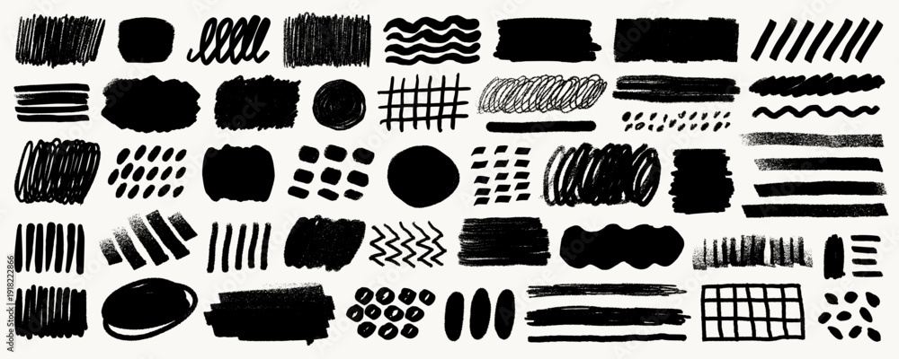 Obraz premium Crayon line highlight scribble set in black on white background with underline strokes, boxes and doodle marks. Crayon line highlight elements in rough pencil and pen texture.