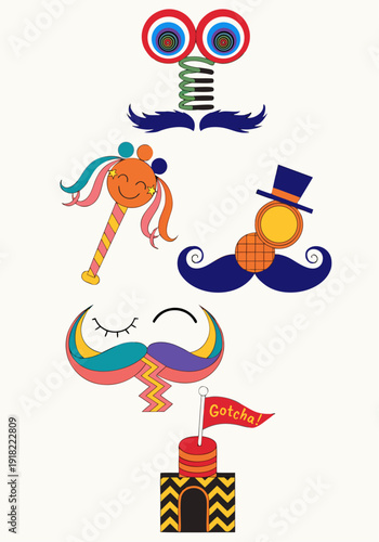 A colorful vector graphic illustration of various fun and playful mustache and face props for kids' parties or events