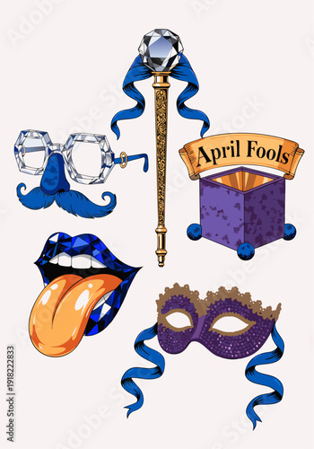 A colorful vector graphic illustration of April Fools' Day icons and symbols