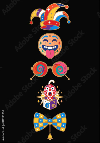 A colorful vector graphic illustration of a jester's accessories and whimsical symbols
