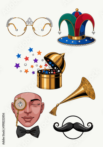 A colorful illustration of various carnival props and accessories, including a jester hat, glasses, and a magic hat.