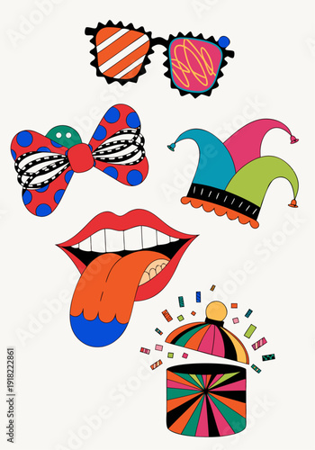 A colorful vector graphic illustration of party accessories and props for fun and celebration