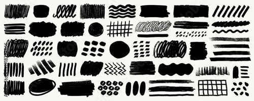 Crayon line highlight scribble set in black on white background with underline strokes, boxes and doodle marks. Crayon line highlight elements in rough pencil and pen texture.