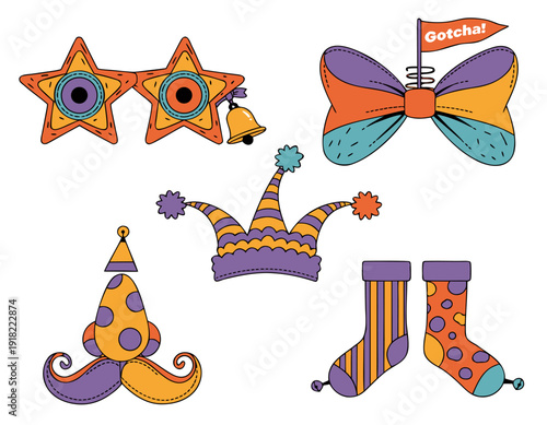 A colorful illustration of party accessories including stars, a bow, a crown, a hat, and socks.