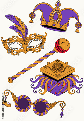 A colorful illustration of Mardi Gras carnival accessories and symbols