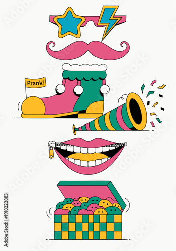 A colorful vector graphic illustration of prank items and party accessories