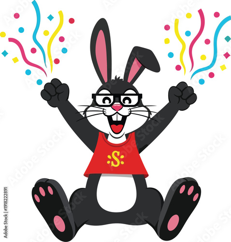 Happy cartoon rabbit celebrating with confetti and joy