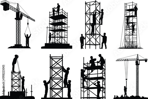 Construction site workers, bridge architecture, fishing boats, and children playing silhouettes, industrial building and childhood education activity vector icons for diverse design projects