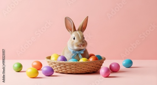 Ceramic Easter bunny figurine sits in a wicker basket surrounded by brightly colored eggs against a pastel pink background.