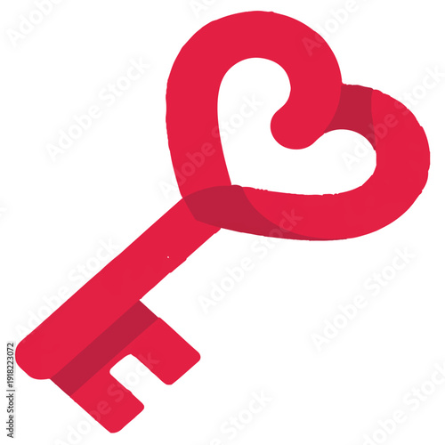 Unique red heart shaped key symbolizing love and access to passion isolated on a transparent background vector flat design illustration