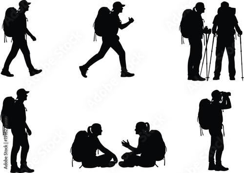 Black silhouettes of people hiking walking and sitting with backpacks