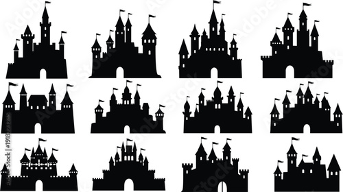 Black silhouettes of various medieval castles with towers and flags