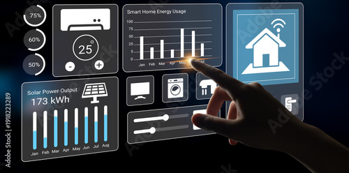 Fotografia A user interacting with a smart home control panel displaying energy consumption, solar power output, and temperature metrics, showcasing modern living through technology