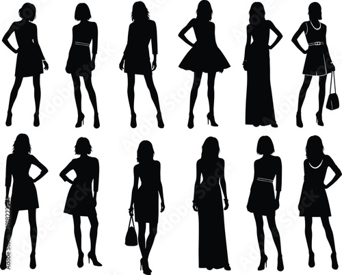 Black silhouettes of women in various dresses and poses white background