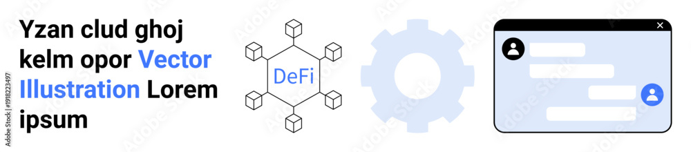 Obraz premium Decentralized finance, blockchain technology, process automation, digital communication, fintech solutions, innovation. Blockchain diagram, gear icon chat interface. Decentralized finance