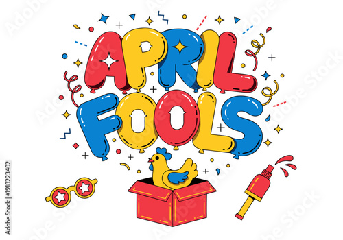 A colorful April Fools' Day illustration with a chicken popping out of a box surrounded by confetti and balloons
