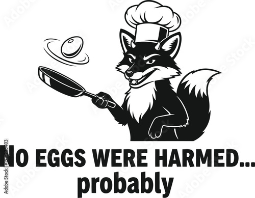 Playful cartoon fox chef with frying pan and egg