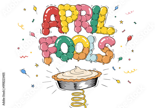 A colorful illustration of a pie with balloons and confetti celebrating April Fools' Day
