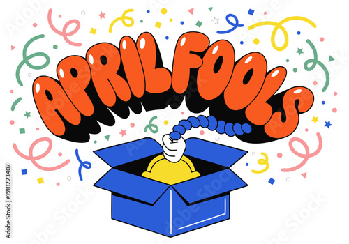 A colorful vector graphic illustration of a blue box with a yellow object and a hand popping out, surrounded by confetti and stars, celebrating April Fools' Day.