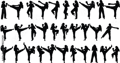 Black silhouettes of women performing various kickboxing and martial arts moves