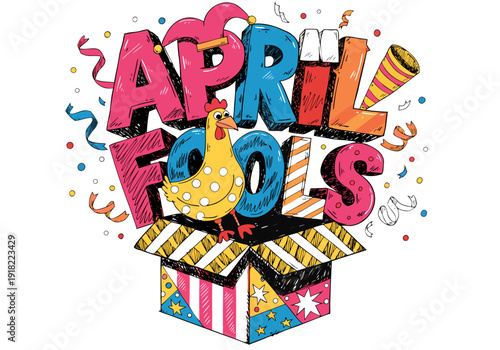 A colorful illustration of a chicken popping out of a box with the words April Fools written above it in bold playful letters.