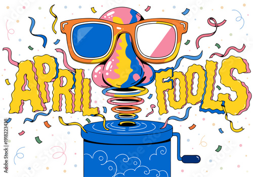 A colorful vector graphic illustration of a whimsical April Fools' Day design featuring a can with a springing globe wearing sunglasses