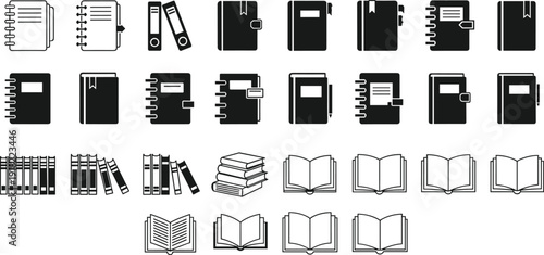 Book and notebook icons set including binders, planners and open books isolated on white background, education and library symbol collection